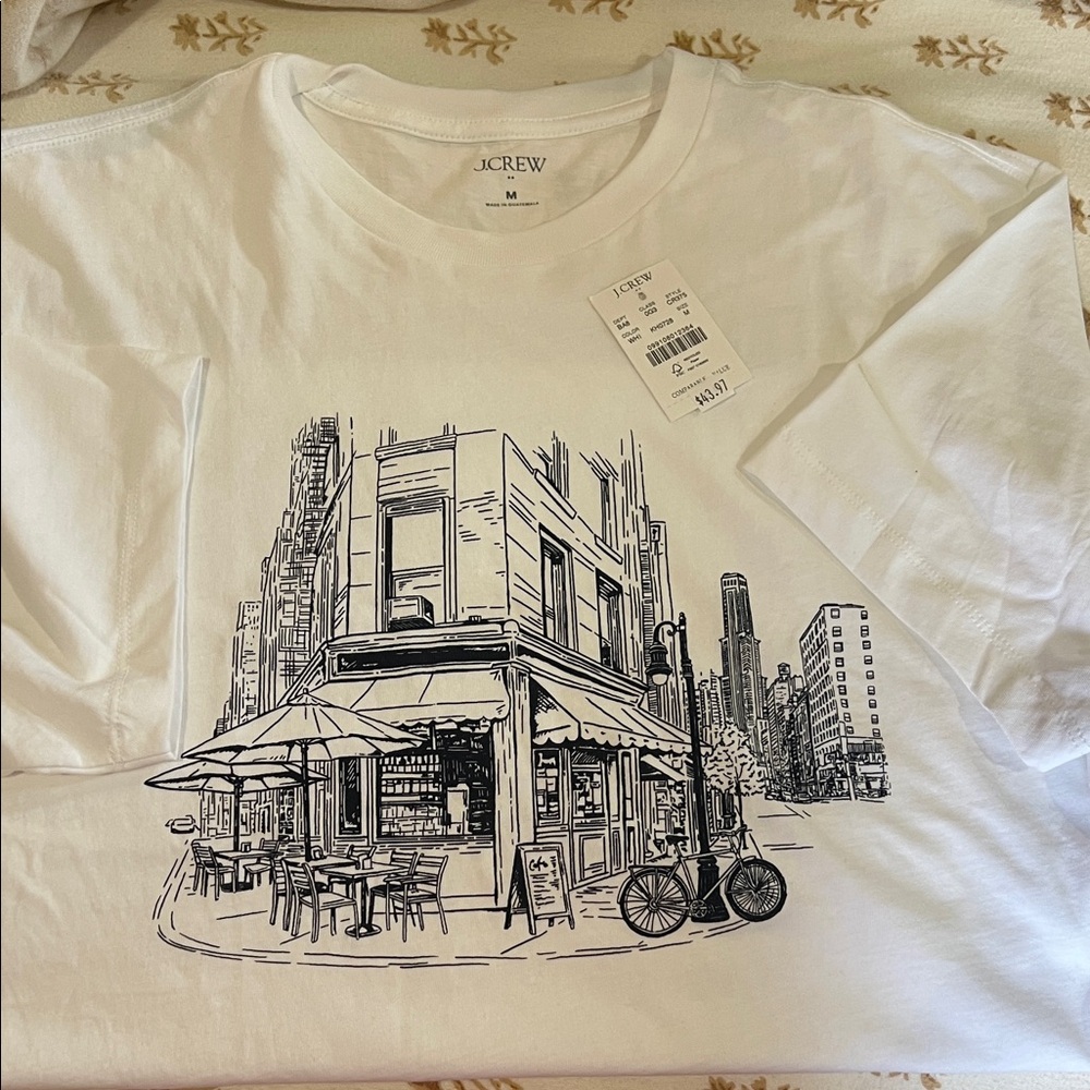J. Crew White Short-Sleeve Tee with Navy Café Scene Graphic